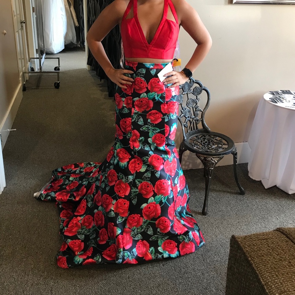 Red/Floral 2 Piece Jovani Prom Dress